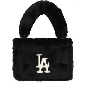 Chic Black Faux Fur Handbag with White Logo